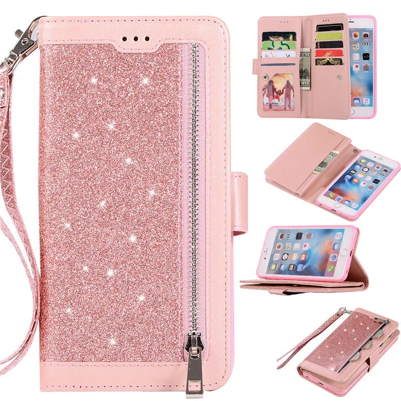 

Glitter Zipper Wallet Case For iPhone 11 Pro XS Max 7 6 6S 8 Plus XR X For Samsung S8 S9 S10 Plus Note 10 8 9 S10e A5 A7 A8 2018