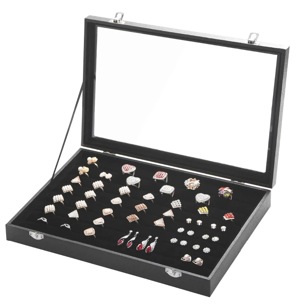 

SZanbana Large Black 7 Slots Leather Jewelry Tray Showcase Metal Lock Display Storage Glass Window Organiger Removable Case
