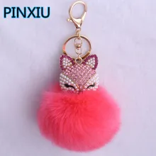 PINXIU 17 Colors Fur Pompom Car Keychain Fox Fur Ball with Artificial Fox Inlay Pearl Rhinestone Key Chain Cool gifts Key Women
