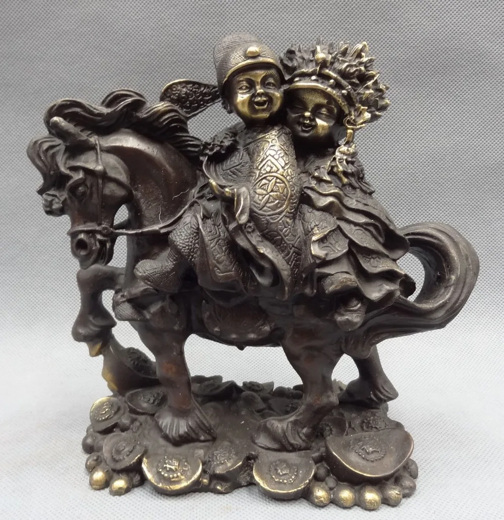 

Chinese Bronze YuanBao Coin Child Chinese The Bride and Groom Ride Horse Statue