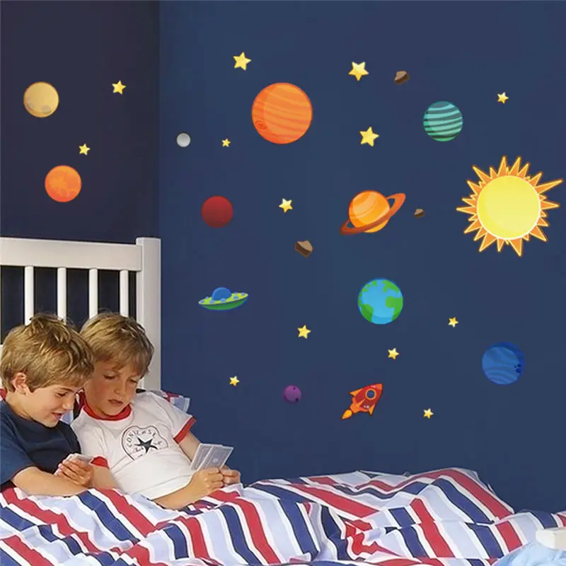 Solar System Planets Moon Wall Stickers Kids Bedroom Decorative Decoration Cartoon Mural Wall Decor Art Pvc Nursery Room Posters