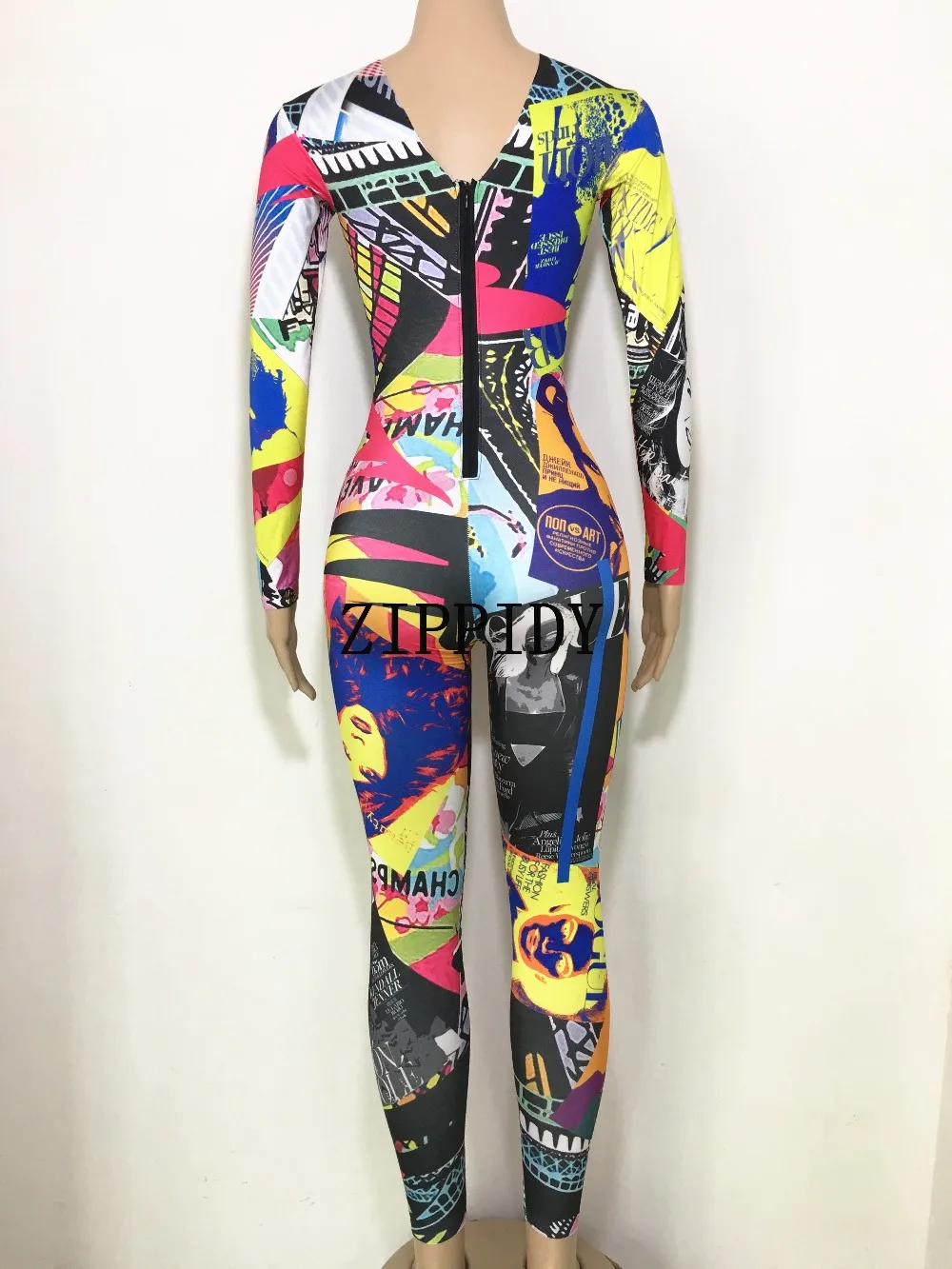New Colorful Pattern Jumpsuit Long Sleeves Stretch Wear Women's Prom Party Bodysuit Female Singer Dance Nightclub Sexy outfit