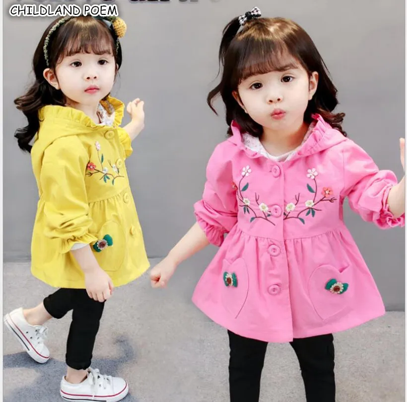 

Baby Girl Jacket and Coat Autumn 2018 Toddler Girls Outerwear Clothes Embroidery Hooded Girls Trench Coat Kids Clothes For Girl