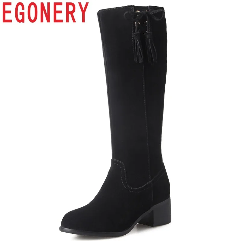 

EGONERY high quality women shoes newest cow suede med square heel platform round toe zipper black knee high boots free shipping
