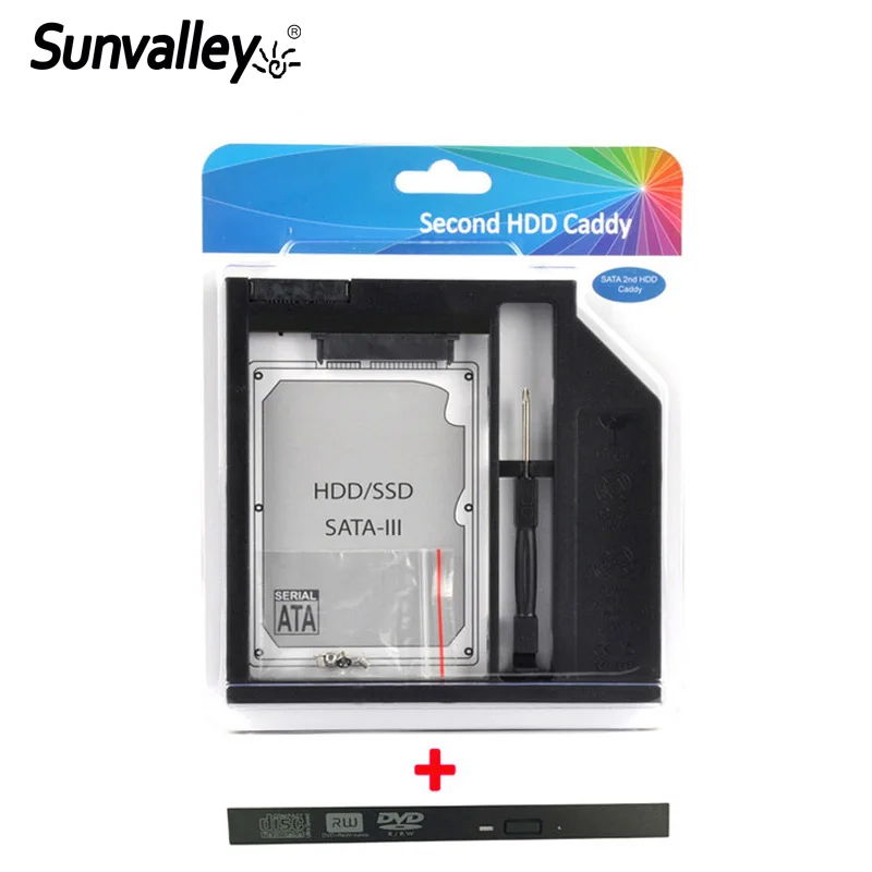 Бренд Sunvalley 9 мм пластиковый 2-ой HDD Caddy SATA 3,0 чехол для SSD, HDD для ноутбука 9/9. 5 мм DVD/CD-ROM Optibay с панелью