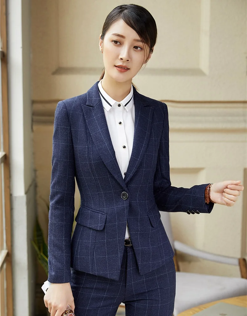 Formal Blue Plaid Blazers Women Jackets Elegant Ladies Work Wear