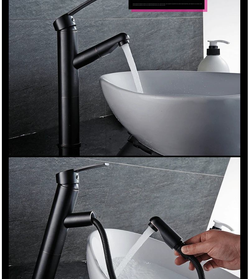 JIKU Black Retro PullType Hot And Cold Water Basin Faucet Single Handle Single Hole Kitchen Faucet Mixer Taps Basin Sink Faucet