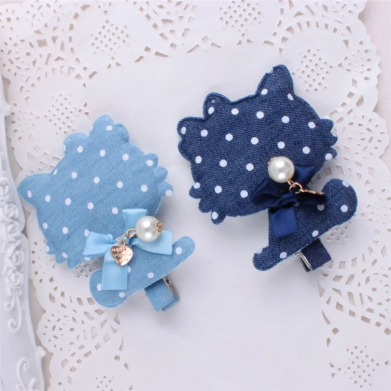 

12pcs/lot Denim Fabric Polka Dots Cat Hair Clips Cute Kitty Bow Baby Girls Hairpins Kids Headwear Children Hair Accessories