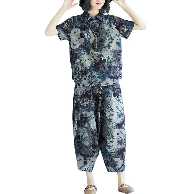 

Summer New Retro print Suit Women Cotton linen Plus size Bat sleeve Low pants 2 piece Suits Womens Casual fashion Sets Tide F010