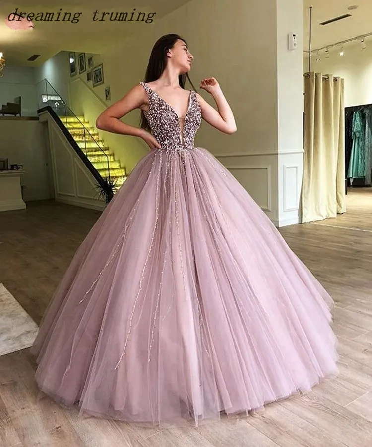 

Long Party Prom Dresses Sexy Deep V Neck Sequins Pearls Tulle Spaghetti Straps Formal Evening Dresses Vestido De Formatura
