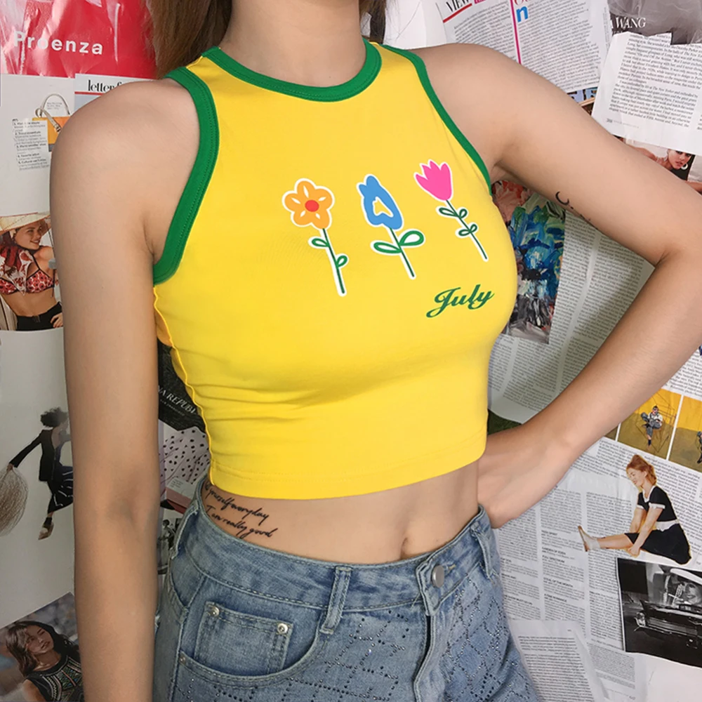 

Sports Style Female Summer Streetwear Contrast Print Vest Women's Bottoming Sleeveless Tight-fitting Tube Top Yellow