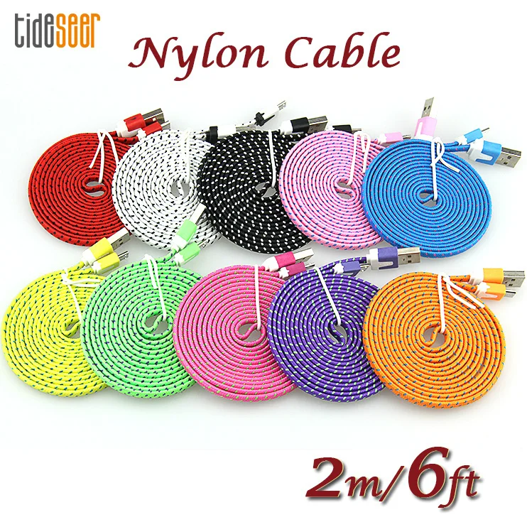 

10pcs 2m 6ft Mobile Phone Micro USB Cable Nylon Braided Flat Cable For Samsung Android Charging Cord 5pin Charger Data Cable