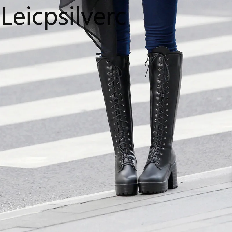 

Women's Boots winter new style Round head Side zipper Front tie Thick heel mid heel Women's Mid boots plus size 34-43