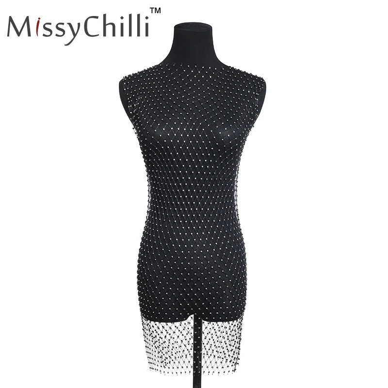 Женское прозрачное вечернее платье MissyChilli черное облегающее в сетку со стразами