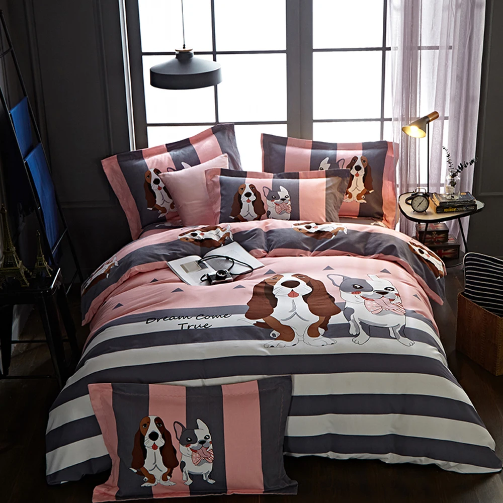 

Papa&Mima Two cute dogs print sanding cotton bedding set Queen King size flat sheet pillowcases duvet cover sets bedlinens