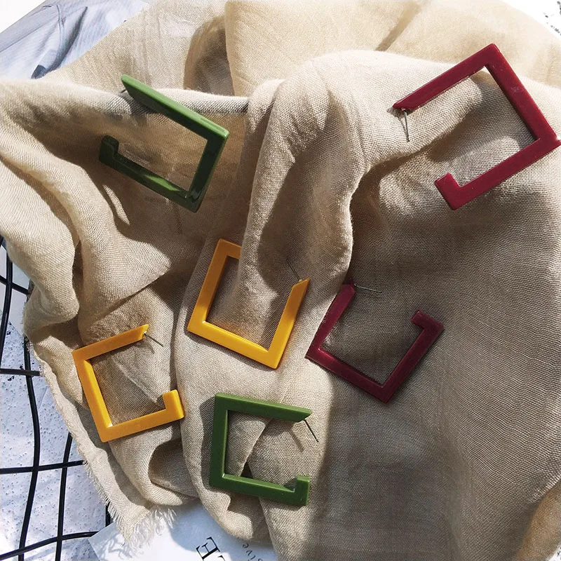 

HZ 2019 New Korean Simple Retro Colorful Acrylic Acetate Geometric Hollow Square Round Metal Stud Earrings for Women Girl Party
