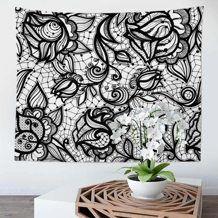

Tribal Ethnic Classic Design Black And White Lace Style Pattern Multifunctional Fabrics Print Door Curtain Bedspread Tapestry