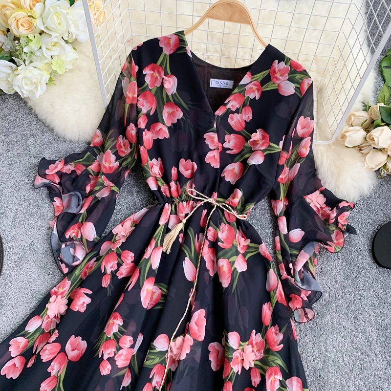 2019 новые модные женские платья трехмерное шифоновое платье с цветочным принтом v