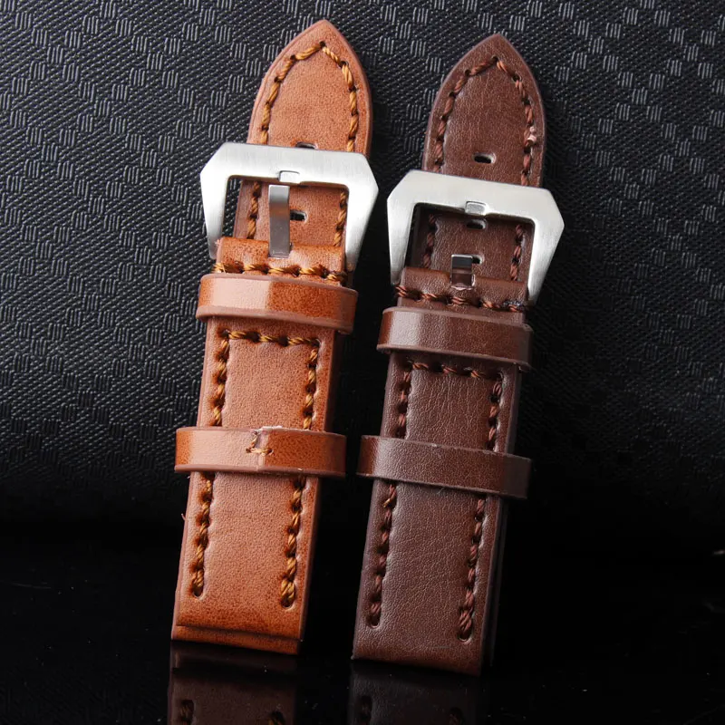 

Durable Men Hight Quality Leather Watch Strap For Men 24 mm Brown Leather Watch Band Vintage Bands Stainless Steel Buckle