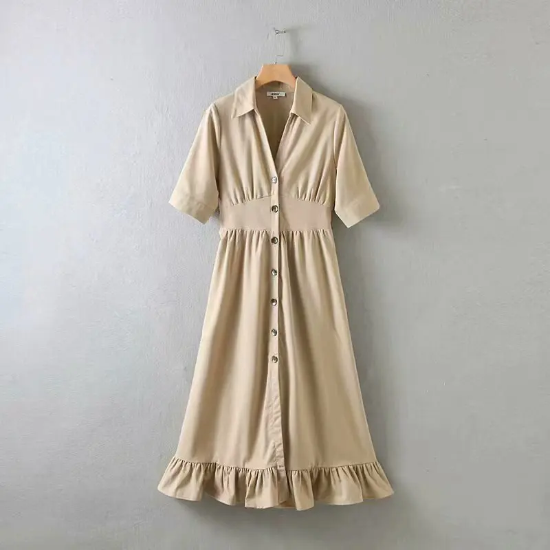 

QZ878 Women Elegant Turn Down Collar Wide Slim Waist Ruffles Botton Shirts Dress Buttons Deco long Dresses
