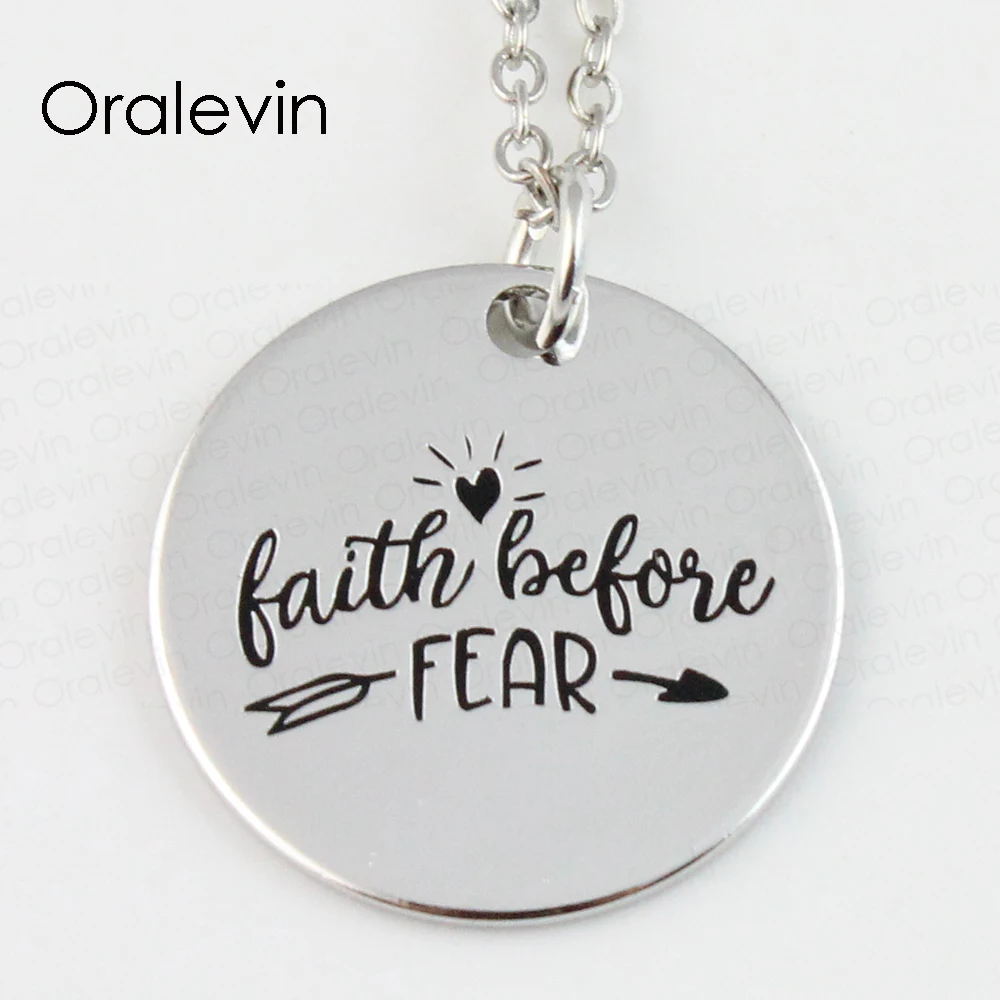FAITH BEFORE FEAR Engraved Disc Silver Pendant Charms Necklace Lover