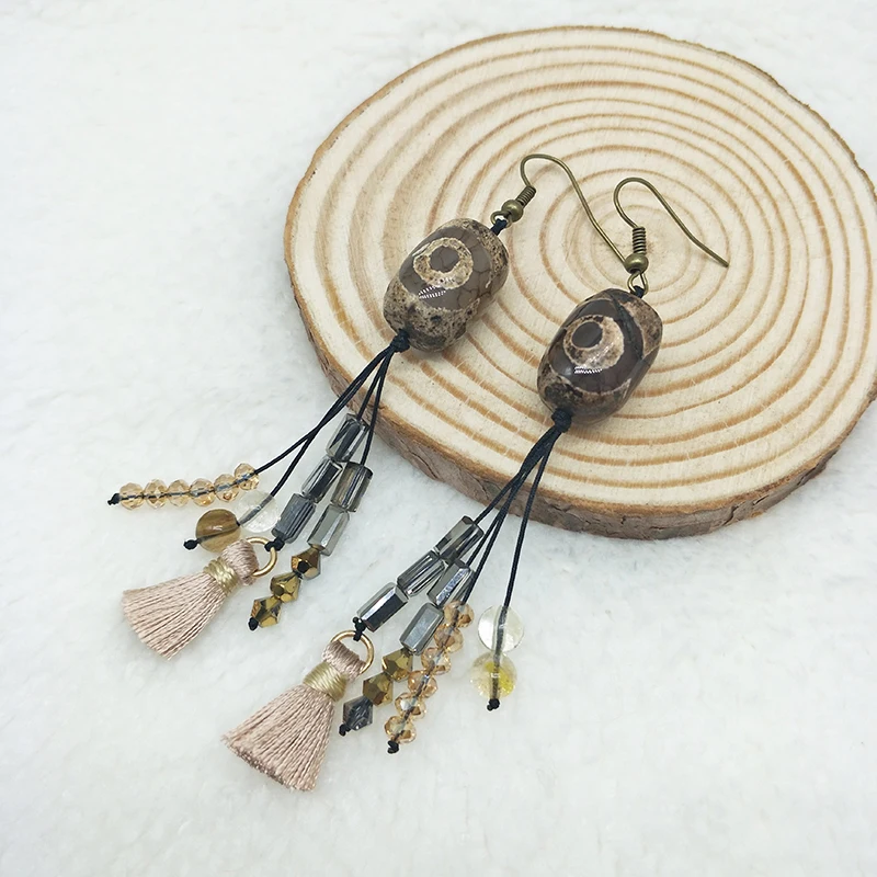 Модные Винтажные серьги ручной работы, бусины в тибетском стиле и кристаллы, натуральный камень, кисточки на заказ, богемные ювелирные изделия для женщин
