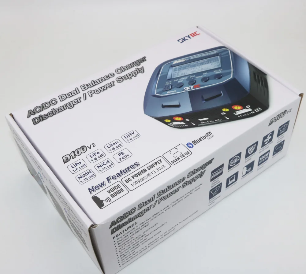 Skyrc D100 V2 Зарядное устройство двухканальный AC/DC LiPo 1 6s 2x100 Вт двойной с Bluetooth баланс