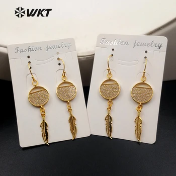 

ME034 WKT New Approach Drop Earring With Gold Color Leaf Pendant Connect Round CZ Micro Pave Earring For Women Gift Earring