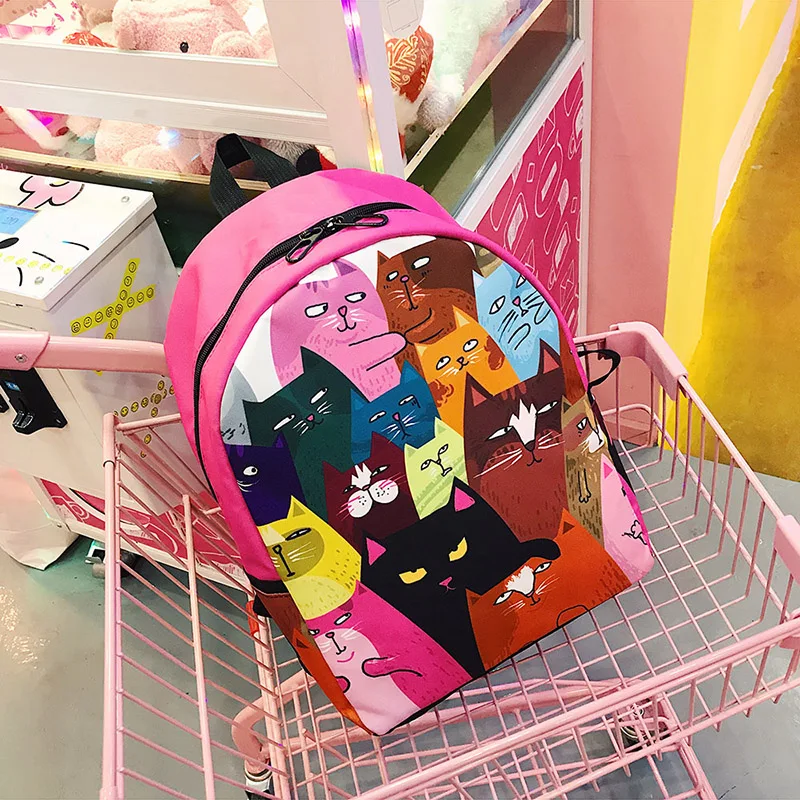 Menghuo Lovely Cat Printing Backpack Women Canvas Backpack School Bags for Teenagers Ladies Casual Cute Rucksack Bookbags (3)