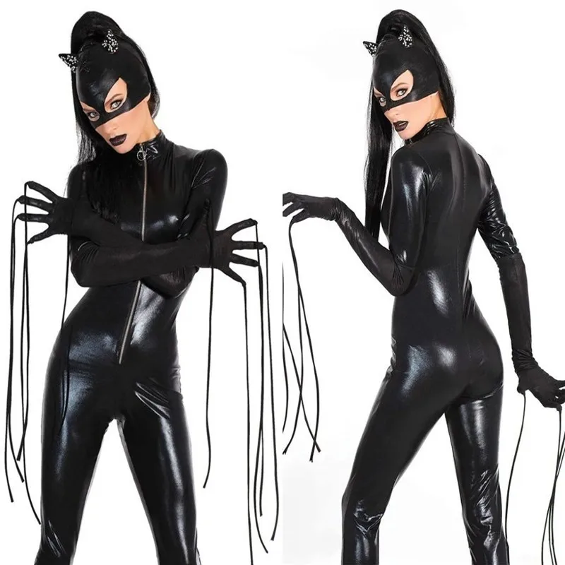 

New Sexy Black Catwomen Jumpsuit Catsuit Lady Sexy Clubwear Bodysuits Faux Leather Zipper Body Suit With Cat Mask+Tassel Gloves