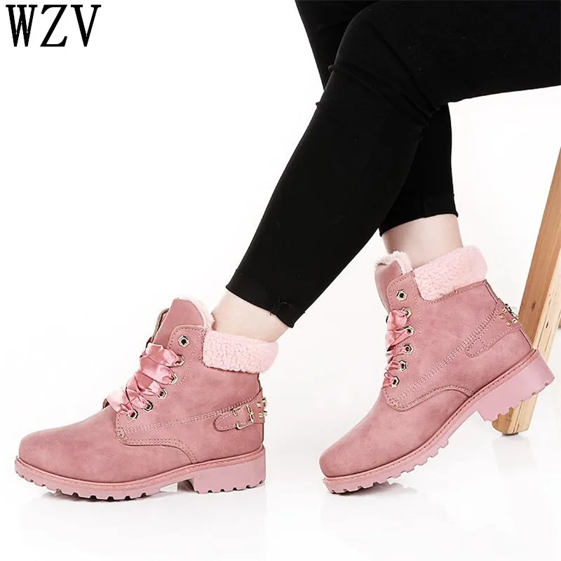 2018 New Pink Women Boots Lace up Solid Casual Ankle Boots Booties