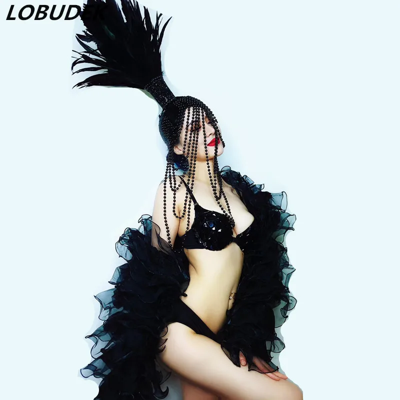 

Women DJ Singer Dance Team Dance Outfit Bar Club Party Show Models Catwalk Stage Wear Crystals Bikini Shawl Feather Headdress