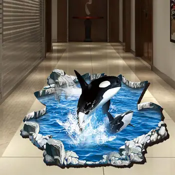 

whale Jumping Floor 3D sticker Wall Sticker Living room mural Removable decal Eco-friendly 3D Stickers for sea shaple wales swim
