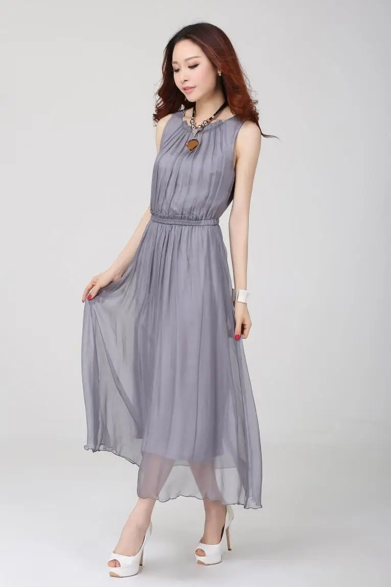 Женское летнее платье размера плюс с О-образным вырезом без рукавов из 97% шелка, женское однотонное шелковое платье, шелковое платье, женское платье длиной до щиколотки со складками - Цвет: grey
