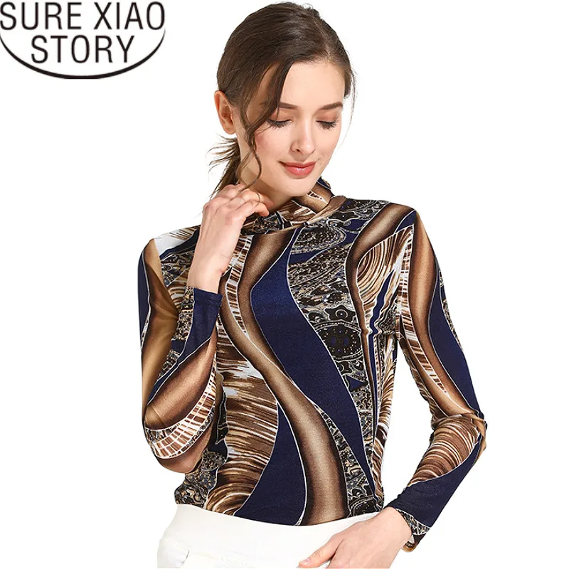

women shirts womens tops and blouses blusas mujer de moda 2019 shirts plus size Print Turtleneck Lace Full 1085 40