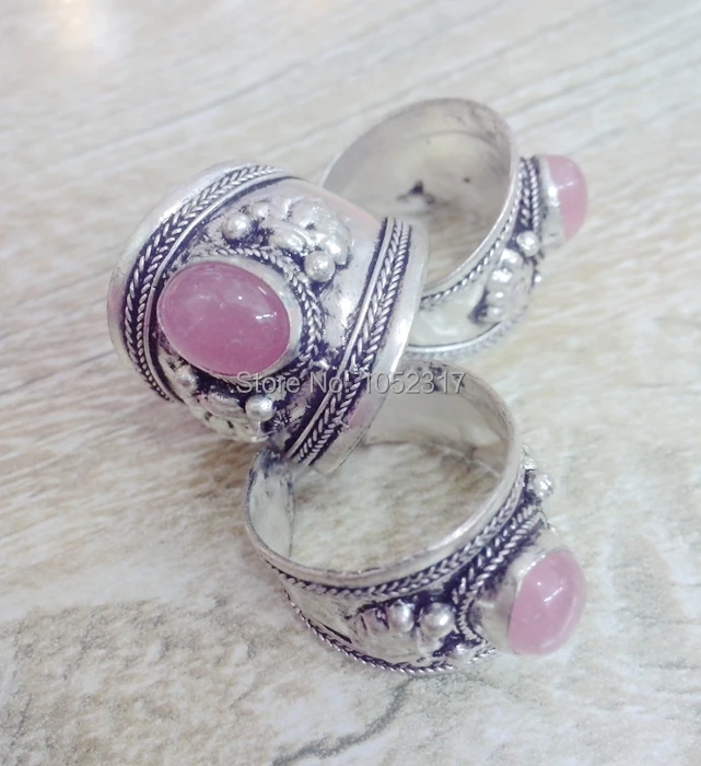 

10pcs High Quality Retro Style Tibet Silver Carved Lace Oval Pink Crystal Bead Nepal Ring Adjustable Unisex Free Shipping