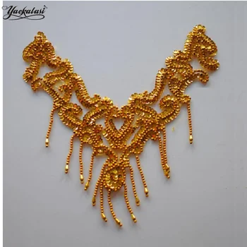 

Christmas Trims YACKALASI 5 Pcs/Lot Sequined Applique Beading Collar 3D Floral Patches Flower Beaded V-neck Collar 30*24cm