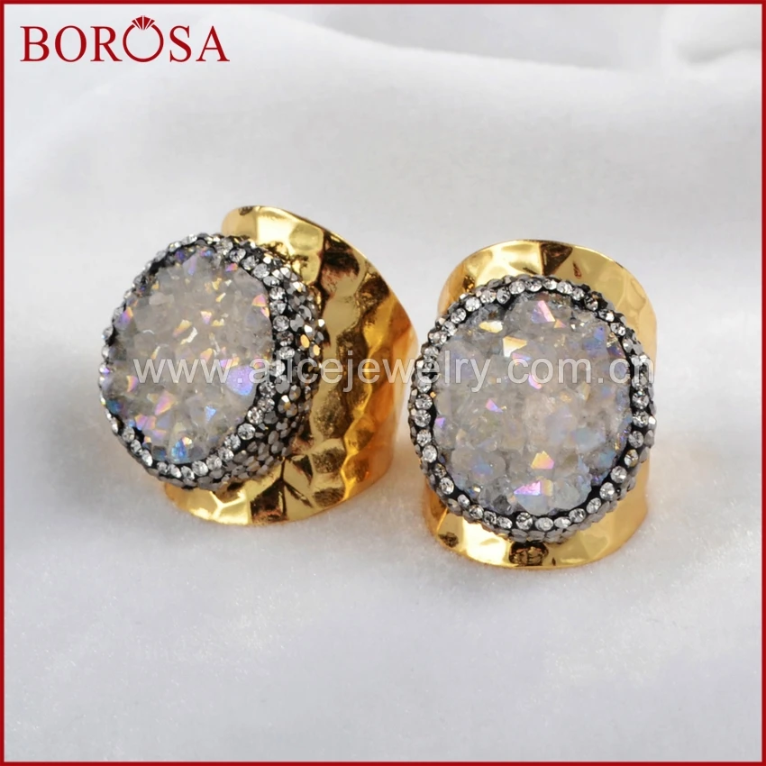 Модная Друза borosa bang кольцо Круглый натуральный кристалл Druzy Titanium AB geode stone pave cz на
