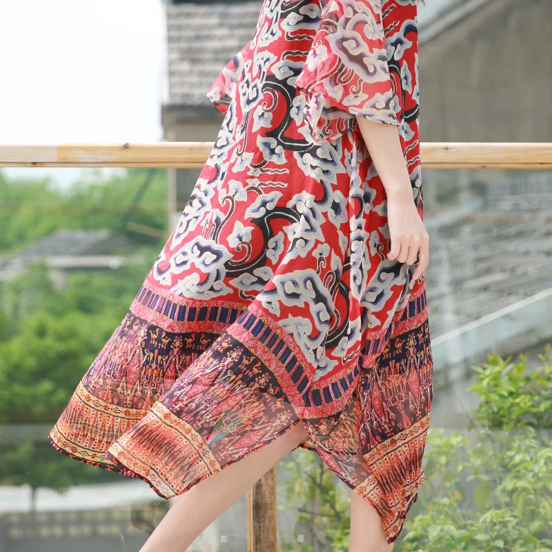 Cou Floral Jiqiuguer D'été V Plus Cheville G182y089 Robes Trimestre Lâche Longueur Trois Femmes Lanon Décontracté Bohème 100 De U5fq05wr