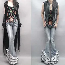 Большие роговые джинсы для женщин новые весенние Вырубные пол оборками Длинные брюки тонкая талия ультра длинные джинсы женские джинсовые брюки