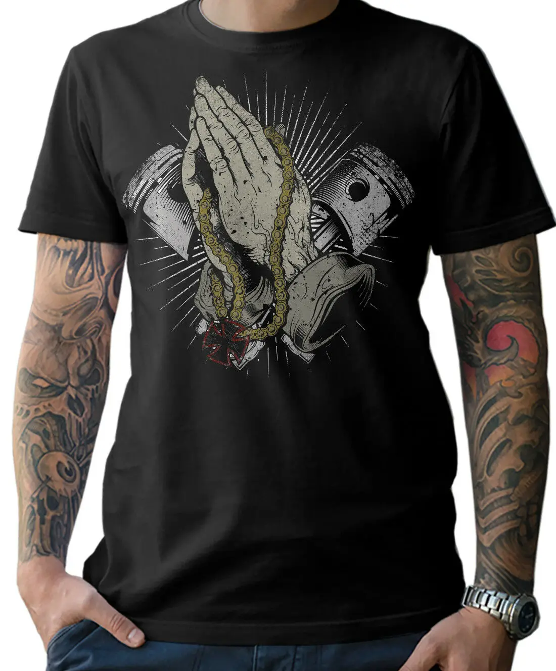 

2019 Fashion T-Shirt Biker Iron Cross Praying Oldschool Hot Rod Unisex Tee