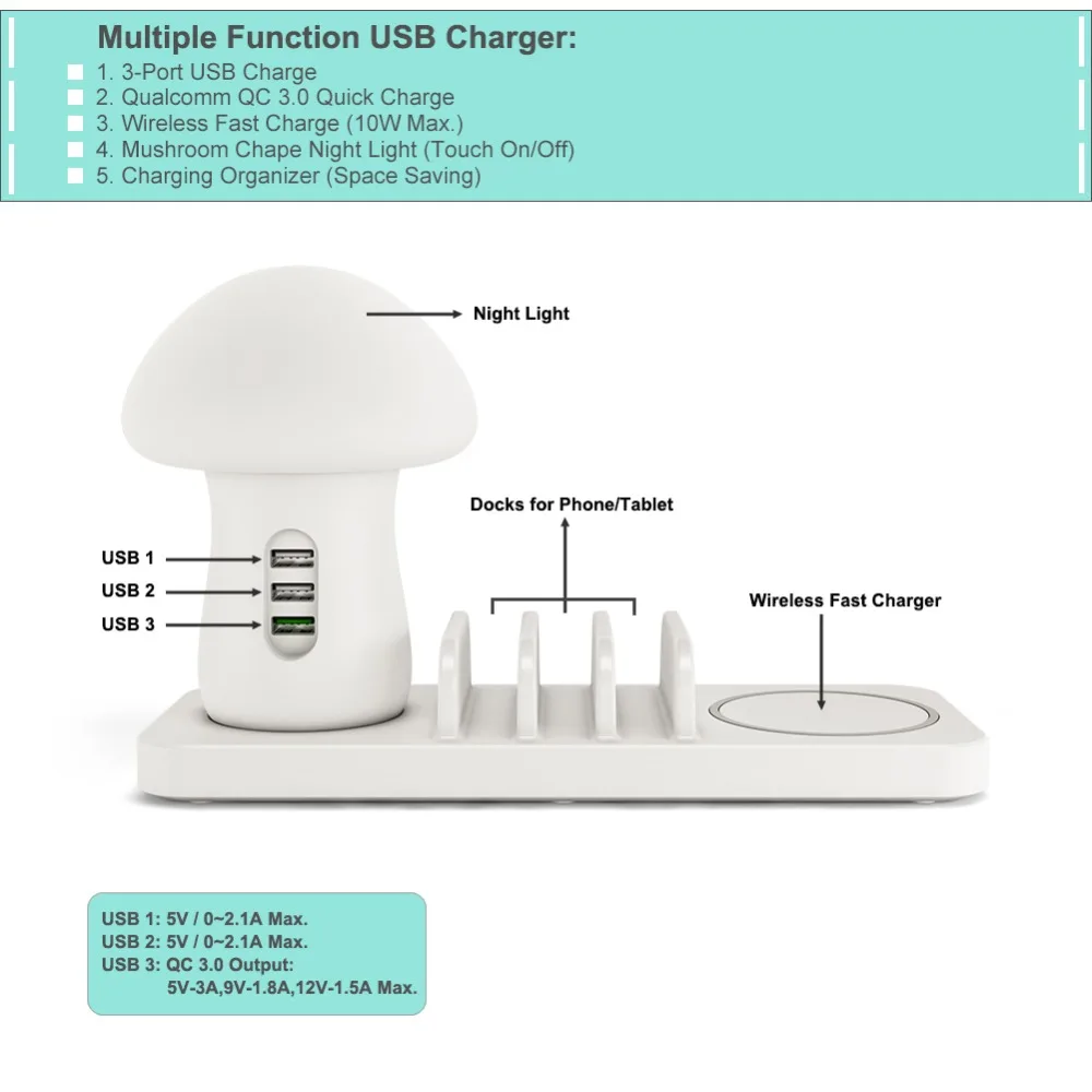 Зарядное устройство для телефона с несколькими usb-портами, ночная лампа, зарядная станция, док-станция QC 3,0, быстрое зарядное устройство для мобильного телефона и планшета