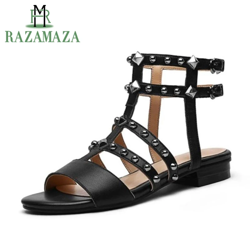 

RAZAMAZA Women Flats Sandals Real Leather Buckle Rivets Open Toe Gladiator Ladies Sandals Vintage For Club Footwear Size 34-43