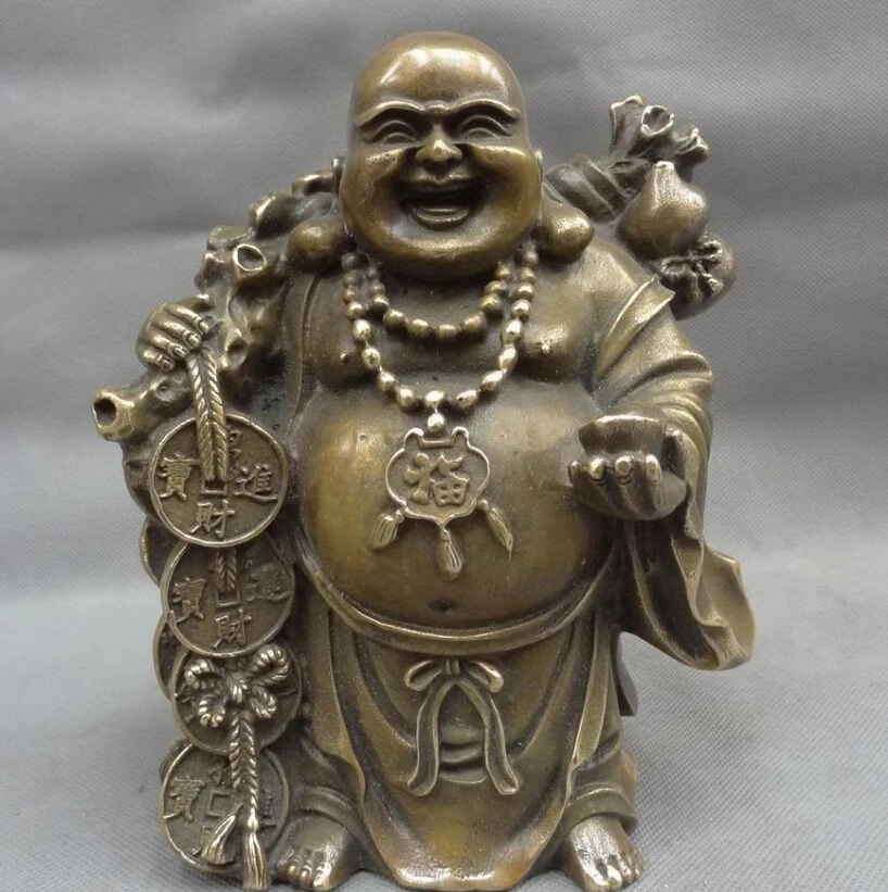 

song voge gem S3894 Chinese Bronze Buddhist Wealth YuanBao Coin Bag Happy Maitreya Buddha Statue