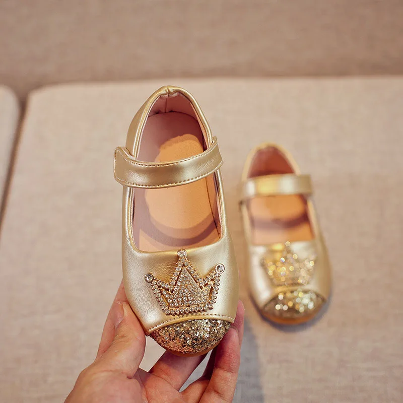 Spring Kids princess Leather Shoes For Girls Children Girl Wedding Shoe Gold Black Crown Sequins Baby Girls Footwear