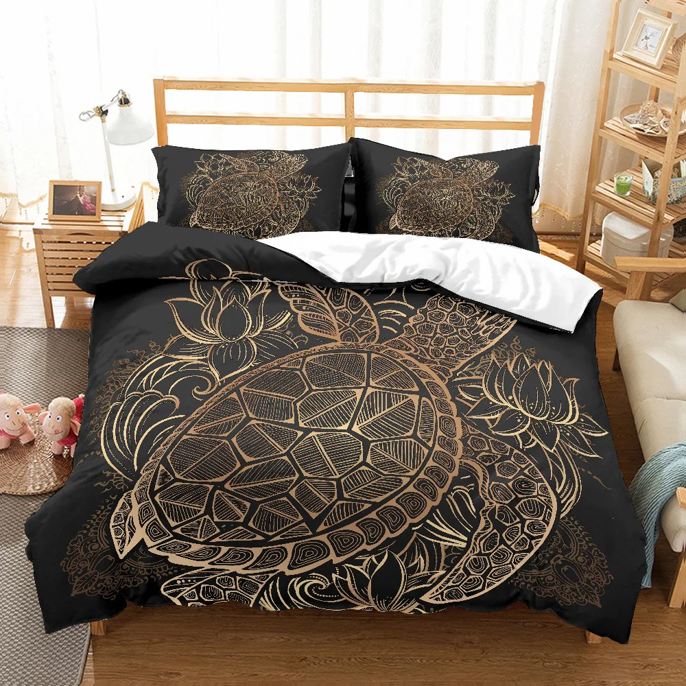 

3D print Bedding set sea turtle Bohemian dark gold lotus kids'/friends' gifts/presents Duvet cover set Home Textiles