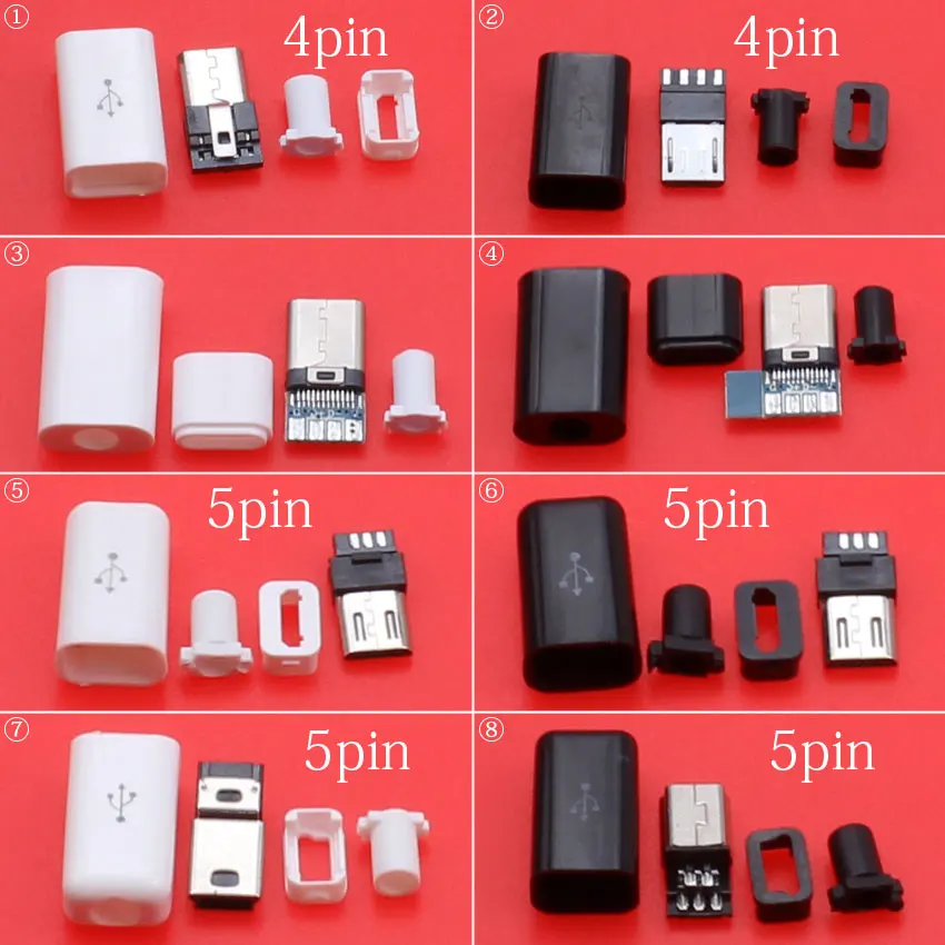 

cltgxdd 10pcs DIY 4pin 5pin Micro USB Type-C male plug Connector white/black plastic cover USB type c charging socket interface