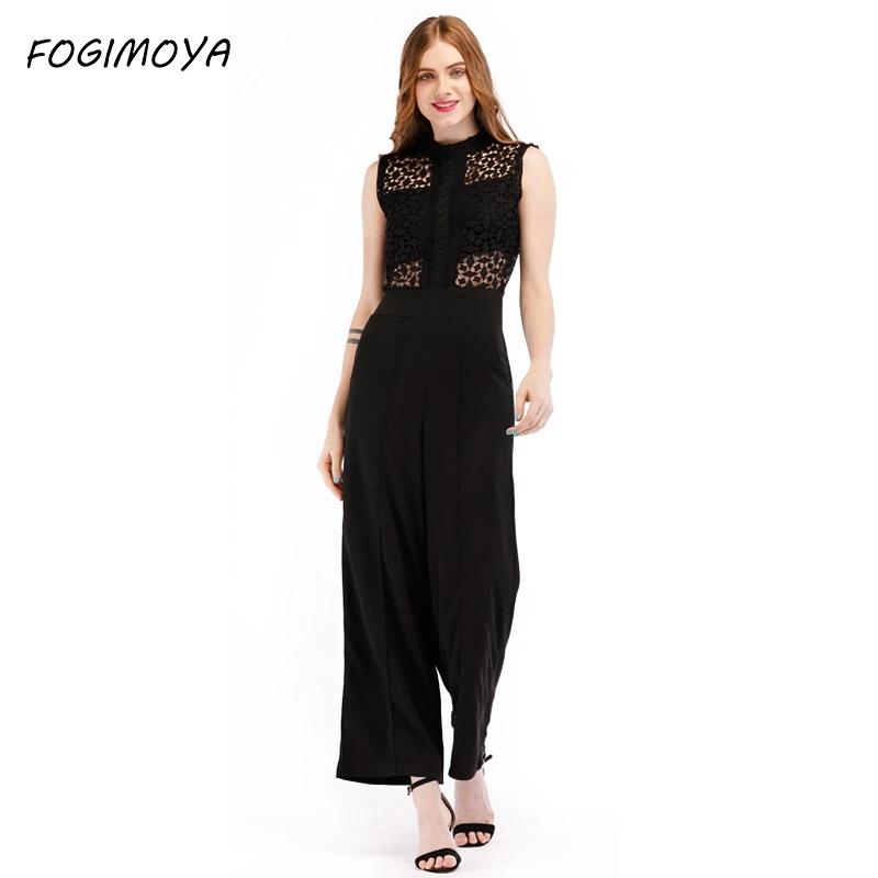

FOGIMOYA Jumpsuits Women Summer Sexy Lace Embroidery Patchwork Hollow Out Playsuits Fashion Sleeveless Jumpsuits 2018 New