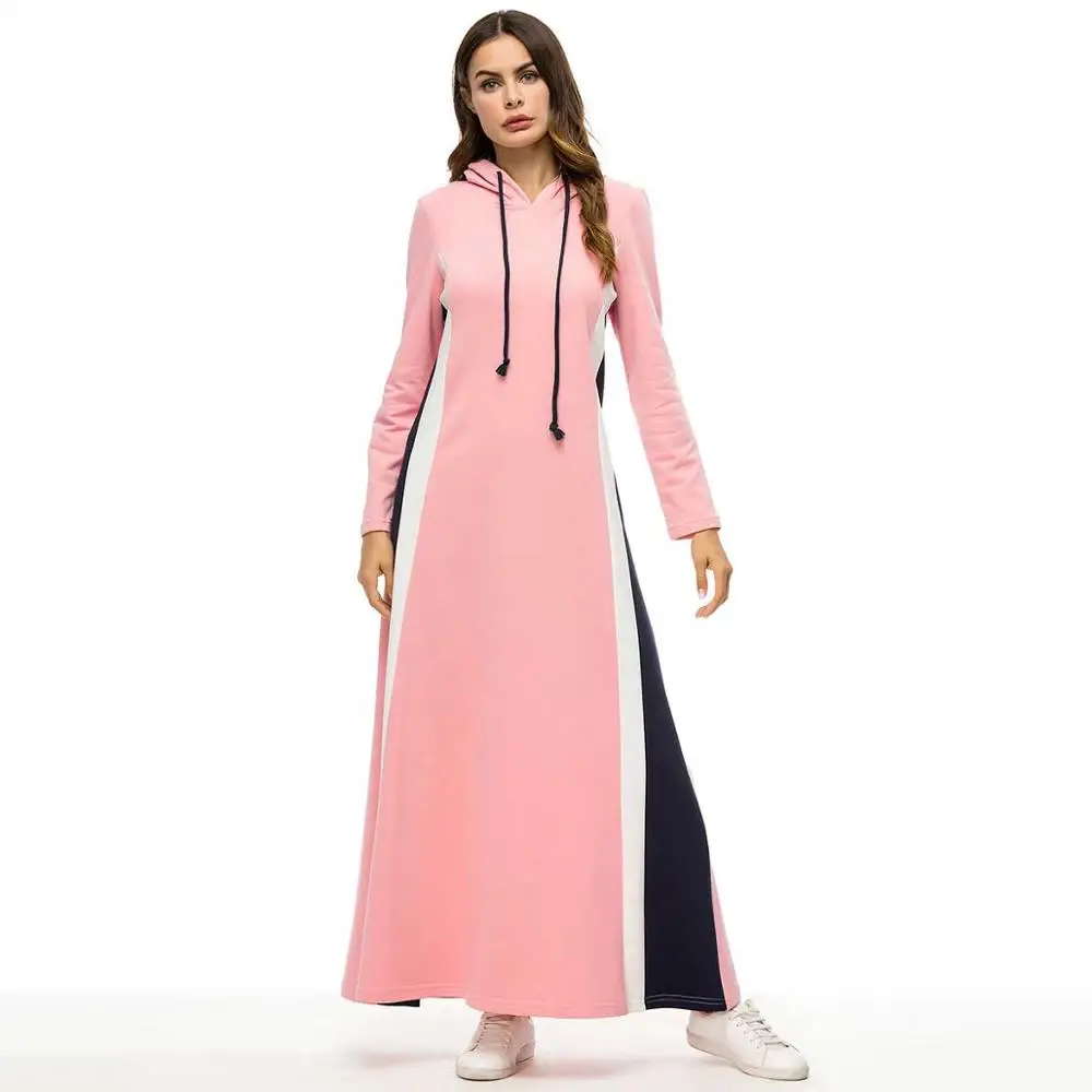 Мусульманское дубайское розовое длинное платье Абая для женщин спортивный стиль арабский халат с капюшоном размера плюс мусульманское платье Мода - Цвет: Розовый