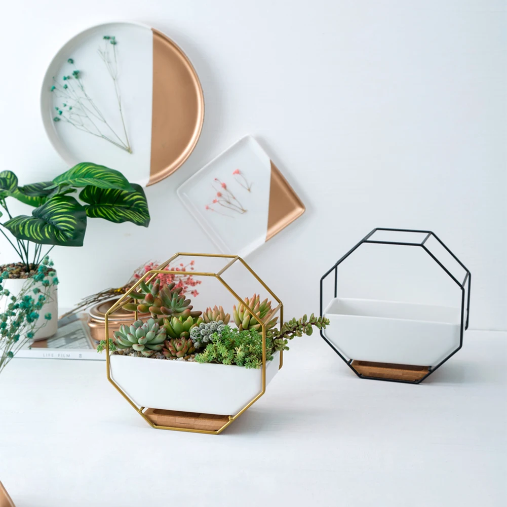 Скандинавском стиле Золотая железная стойка белая керамическая Геометрическая настенная подвесная ваза для цветов с бамбуковым поддоном домашнее украшение для растений бонсай